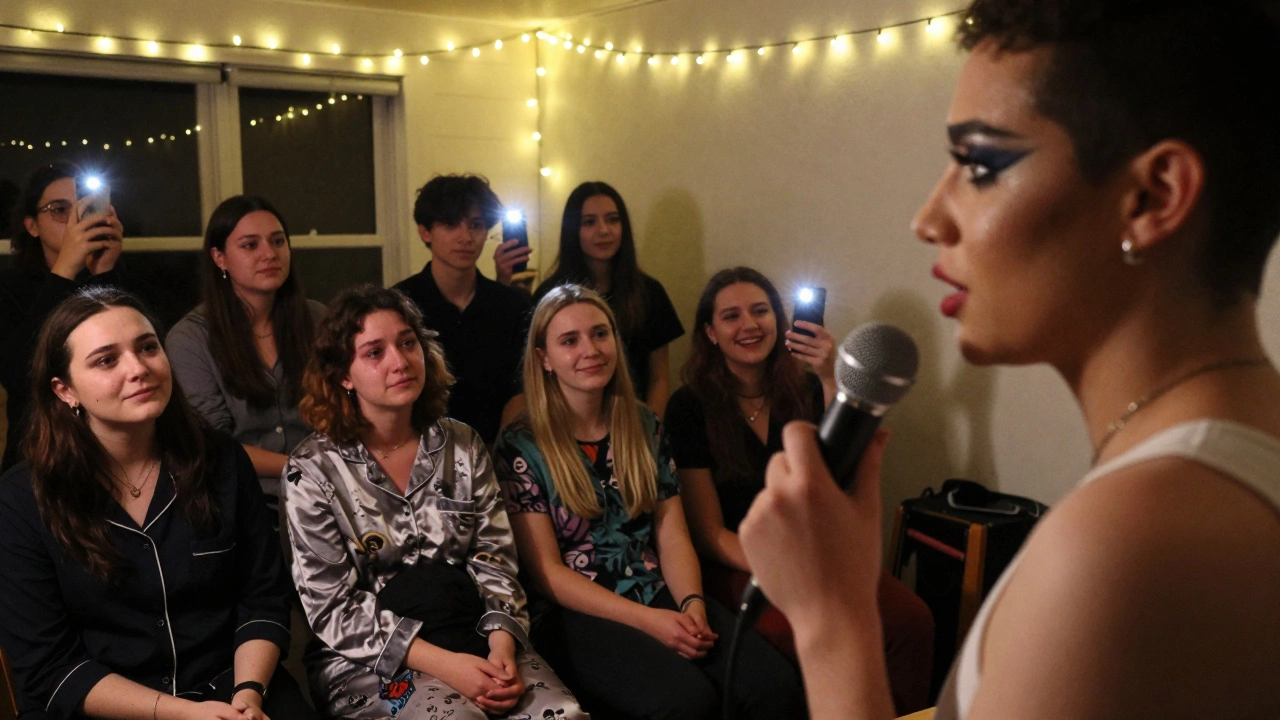 A nonbinary performer sharing poetry in a basement drag show, audience lit by string lights and phone flashlights