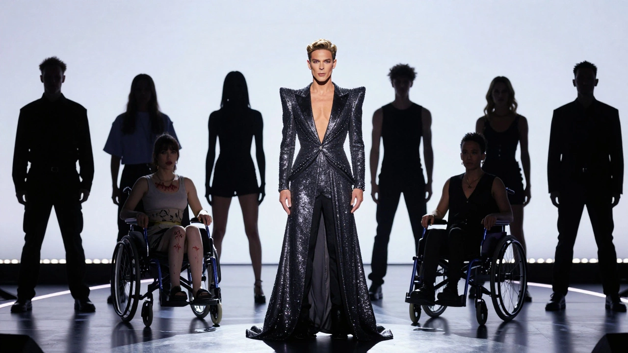 A polished RuPaul&#039;s Drag Race contestant on stage while marginalized performers are blurred in the background